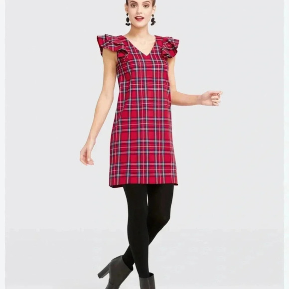 Draper‎ James - Plaid Ruffle Shoulder Dress, Red and Black Plaid, Size 10 - Picture 1 of 13